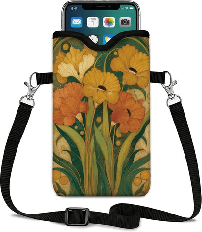 Neoprene Phone Sleeve Pouch Case Bag for Women Men with Crossbody Strap, 7.1x3.9 in, Shockproof Black Cat Mobile Protection Case Bag with Neck Lanyard, Black Cat Garden, Gift for Cats Lovers - Colors A