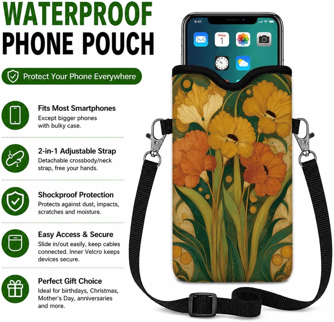 Neoprene Phone Sleeve Pouch Case Bag for Women Men with Crossbody Strap, 7.1x3.9 in, Shockproof Black Cat Mobile Protection Case Bag with Neck Lanyard, Black Cat Garden, Gift for Cats Lovers - Colors A