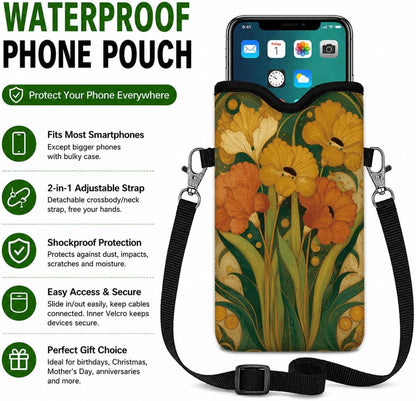 Neoprene Phone Sleeve Pouch Case Bag for Women Men with Crossbody Strap, 7.1x3.9 in, Shockproof Black Cat Mobile Protection Case Bag with Neck Lanyard, Black Cat Garden, Gift for Cats Lovers - Colors A