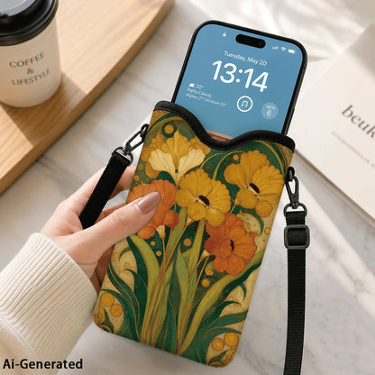 Neoprene Phone Sleeve Pouch Case Bag for Women Men with Crossbody Strap, 7.1x3.9 in, Shockproof Black Cat Mobile Protection Case Bag with Neck Lanyard, Black Cat Garden, Gift for Cats Lovers - Colors A