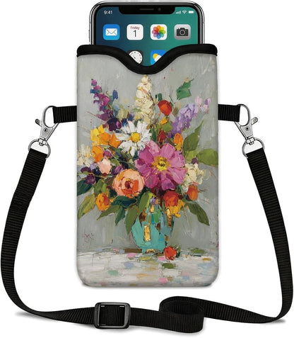Neoprene Phone Sleeve Pouch Case Bag for Women Men with Crossbody Strap, 7.1x3.9 in, Shockproof Black Cat Mobile Protection Case Bag with Neck Lanyard, Black Cat Garden, Gift for Cats Lovers - Colors A