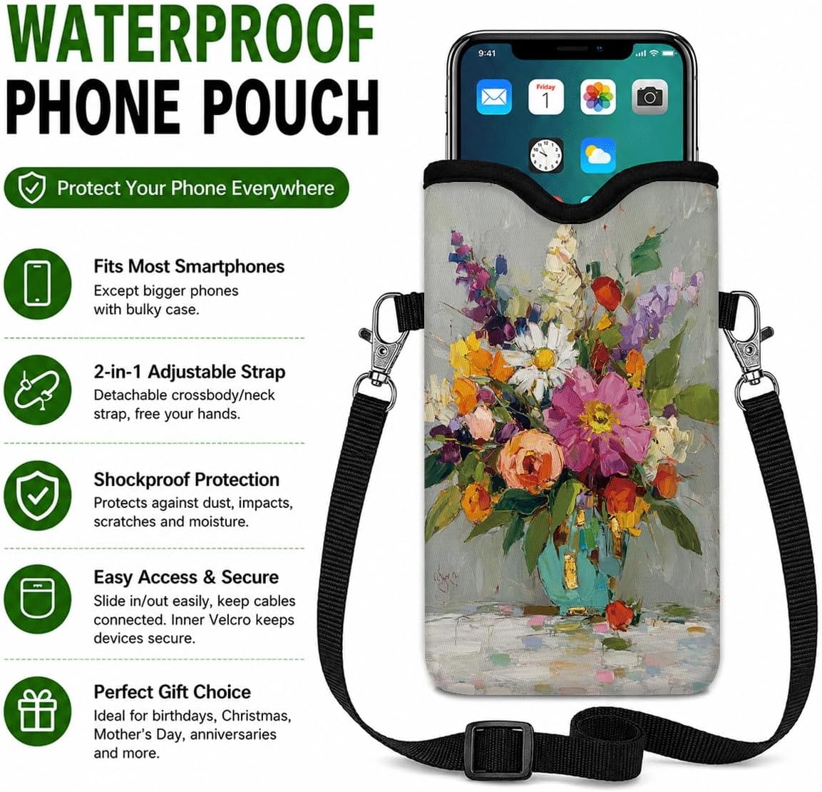 Neoprene Phone Sleeve Pouch Case Bag for Women Men with Crossbody Strap, 7.1x3.9 in, Shockproof Black Cat Mobile Protection Case Bag with Neck Lanyard, Black Cat Garden, Gift for Cats Lovers - Colors A