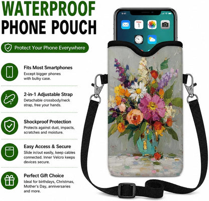 Neoprene Phone Sleeve Pouch Case Bag for Women Men with Crossbody Strap, 7.1x3.9 in, Shockproof Black Cat Mobile Protection Case Bag with Neck Lanyard, Black Cat Garden, Gift for Cats Lovers - Colors A