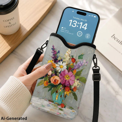 Neoprene Phone Sleeve Pouch Case Bag for Women Men with Crossbody Strap, 7.1x3.9 in, Shockproof Black Cat Mobile Protection Case Bag with Neck Lanyard, Black Cat Garden, Gift for Cats Lovers - Colors A