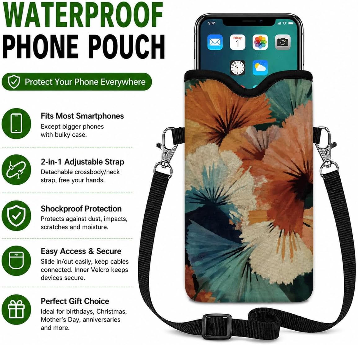 Neoprene Phone Sleeve Pouch Case Bag for Women Men with Crossbody Strap, 7.1x3.9 in, Shockproof Black Cat Mobile Protection Case Bag with Neck Lanyard, Black Cat Garden, Gift for Cats Lovers - Colors A
