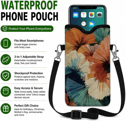 Neoprene Phone Sleeve Pouch Case Bag for Women Men with Crossbody Strap, 7.1x3.9 in, Shockproof Black Cat Mobile Protection Case Bag with Neck Lanyard, Black Cat Garden, Gift for Cats Lovers - Colors A