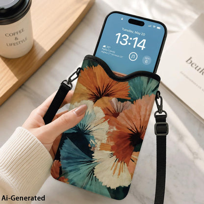 Neoprene Phone Sleeve Pouch Case Bag for Women Men with Crossbody Strap, 7.1x3.9 in, Shockproof Black Cat Mobile Protection Case Bag with Neck Lanyard, Black Cat Garden, Gift for Cats Lovers - Colors A