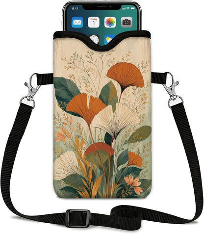 Neoprene Phone Sleeve Pouch Case Bag for Women Men with Crossbody Strap, 7.1x3.9 in, Shockproof Black Cat Mobile Protection Case Bag with Neck Lanyard, Black Cat Garden, Gift for Cats Lovers - Colors A