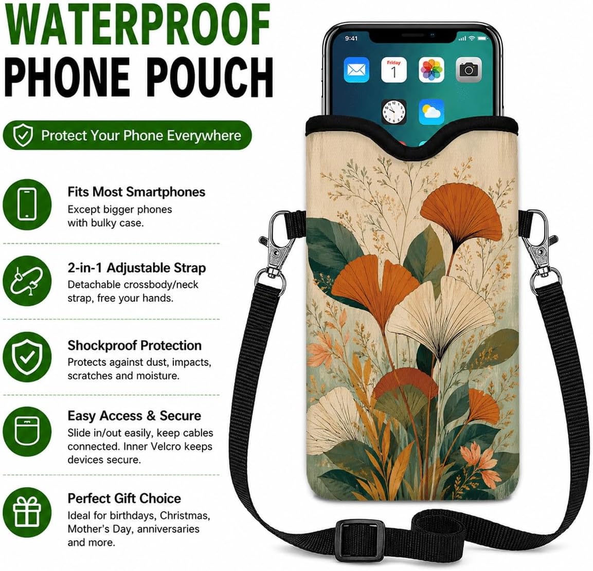 Neoprene Phone Sleeve Pouch Case Bag for Women Men with Crossbody Strap, 7.1x3.9 in, Shockproof Black Cat Mobile Protection Case Bag with Neck Lanyard, Black Cat Garden, Gift for Cats Lovers - Colors A
