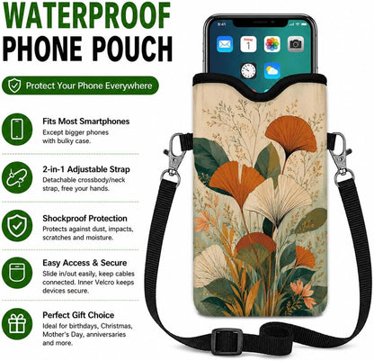 Neoprene Phone Sleeve Pouch Case Bag for Women Men with Crossbody Strap, 7.1x3.9 in, Shockproof Black Cat Mobile Protection Case Bag with Neck Lanyard, Black Cat Garden, Gift for Cats Lovers - Colors A