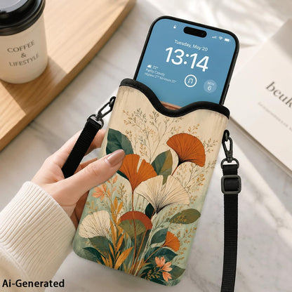 Neoprene Phone Sleeve Pouch Case Bag for Women Men with Crossbody Strap, 7.1x3.9 in, Shockproof Black Cat Mobile Protection Case Bag with Neck Lanyard, Black Cat Garden, Gift for Cats Lovers - Colors A