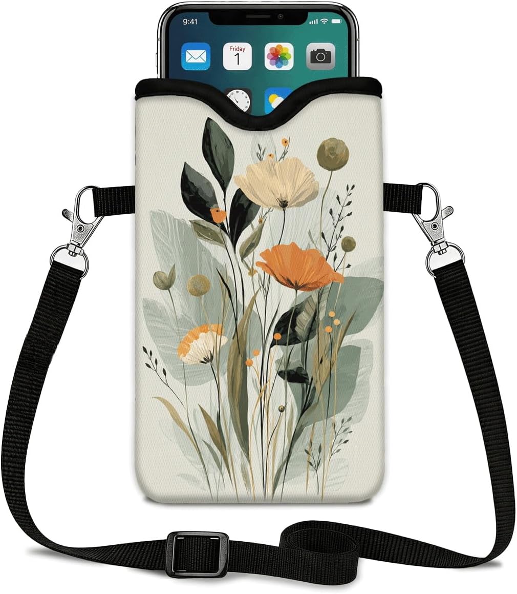 Neoprene Phone Sleeve Pouch Case Bag for Women Men with Crossbody Strap, 7.1x3.9 in, Shockproof Black Cat Mobile Protection Case Bag with Neck Lanyard, Black Cat Garden, Gift for Cats Lovers - Colors A