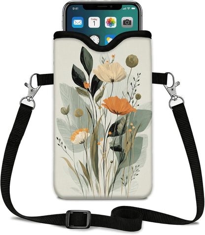 Neoprene Phone Sleeve Pouch Case Bag for Women Men with Crossbody Strap, 7.1x3.9 in, Shockproof Black Cat Mobile Protection Case Bag with Neck Lanyard, Black Cat Garden, Gift for Cats Lovers - Colors A