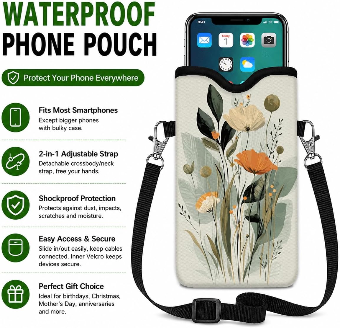 Neoprene Phone Sleeve Pouch Case Bag for Women Men with Crossbody Strap, 7.1x3.9 in, Shockproof Black Cat Mobile Protection Case Bag with Neck Lanyard, Black Cat Garden, Gift for Cats Lovers - Colors A