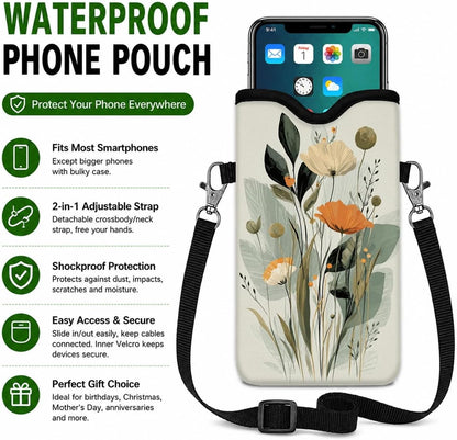 Neoprene Phone Sleeve Pouch Case Bag for Women Men with Crossbody Strap, 7.1x3.9 in, Shockproof Black Cat Mobile Protection Case Bag with Neck Lanyard, Black Cat Garden, Gift for Cats Lovers - Colors A
