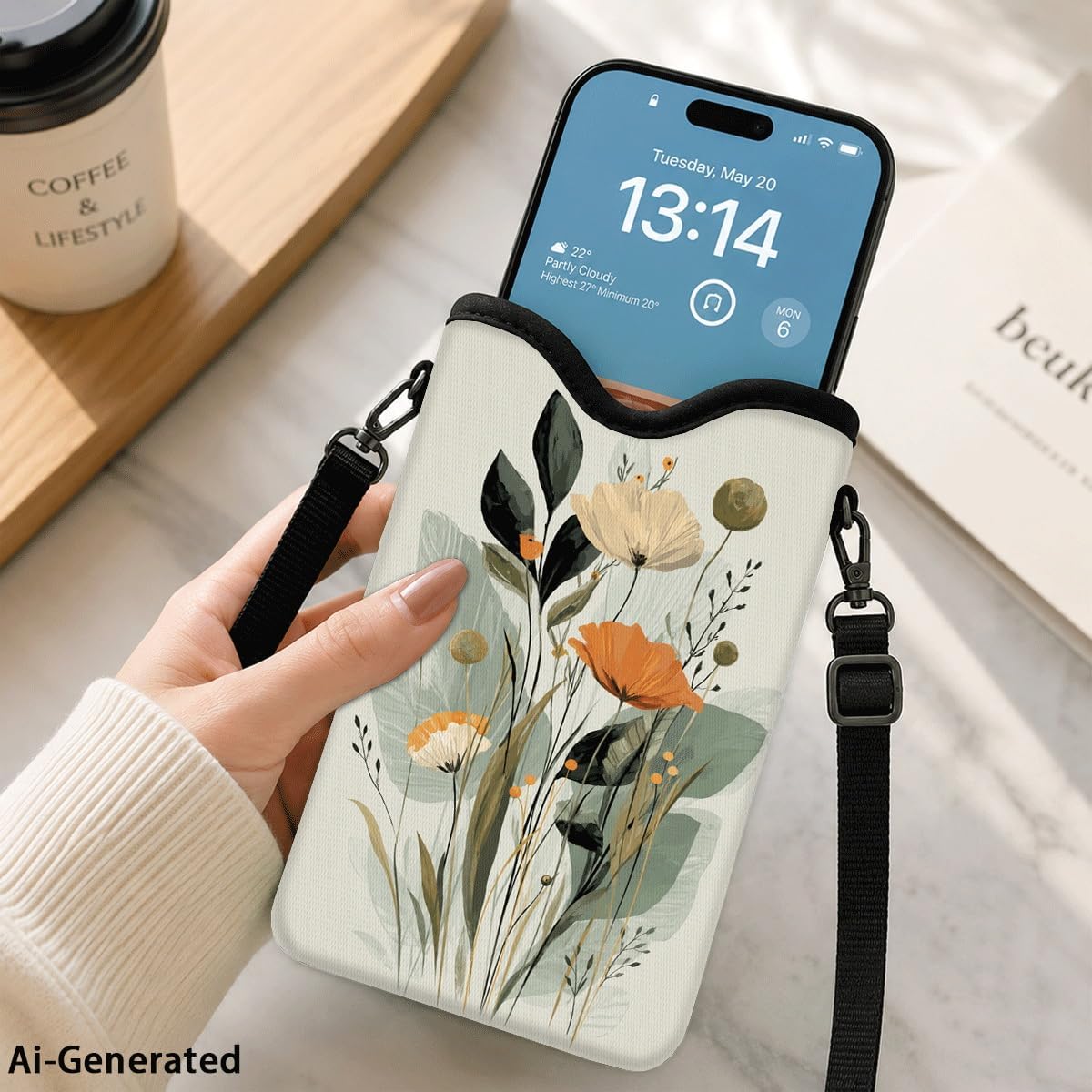 Neoprene Phone Sleeve Pouch Case Bag for Women Men with Crossbody Strap, 7.1x3.9 in, Shockproof Black Cat Mobile Protection Case Bag with Neck Lanyard, Black Cat Garden, Gift for Cats Lovers - Colors A