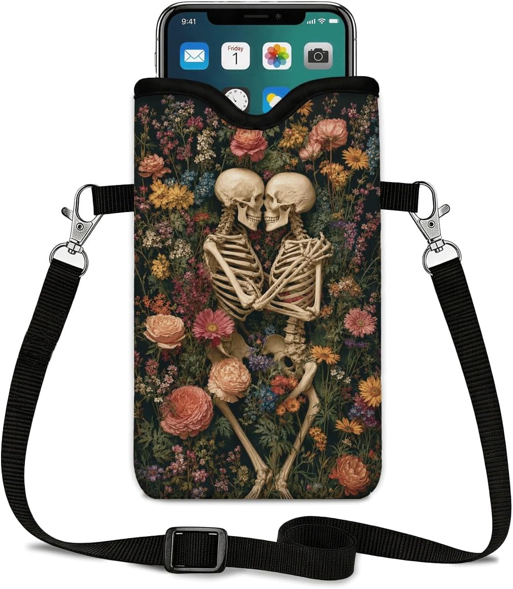 Neoprene Phone Sleeve Pouch Case Bag for Women Men with Crossbody Strap, 7.1x3.9 in, Shockproof Black Cat Mobile Protection Case Bag with Neck Lanyard, Black Cat Garden, Gift for Cats Lovers - Colors A
