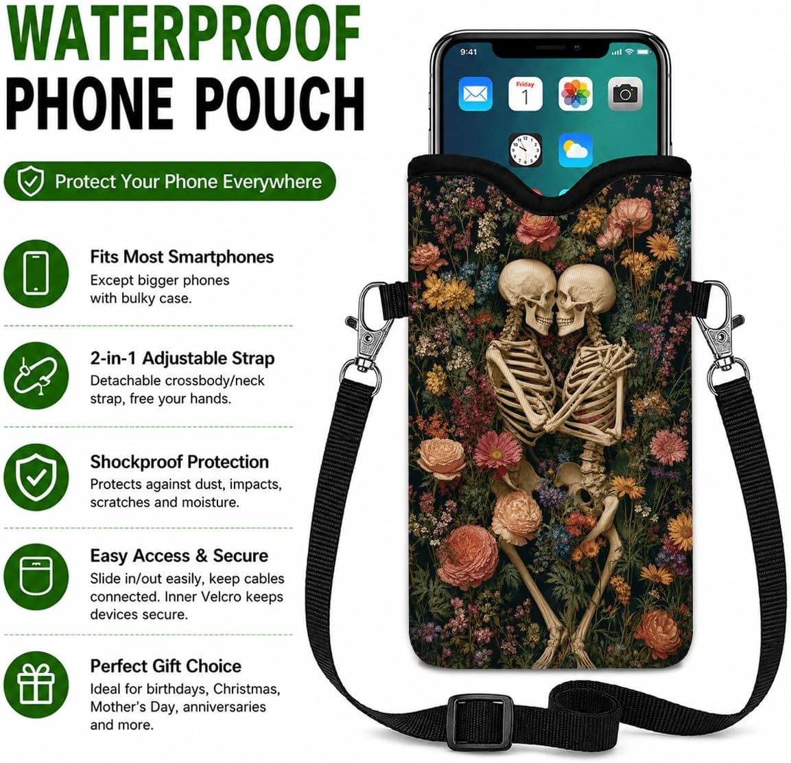Neoprene Phone Sleeve Pouch Case Bag for Women Men with Crossbody Strap, 7.1x3.9 in, Shockproof Black Cat Mobile Protection Case Bag with Neck Lanyard, Black Cat Garden, Gift for Cats Lovers - Colors A