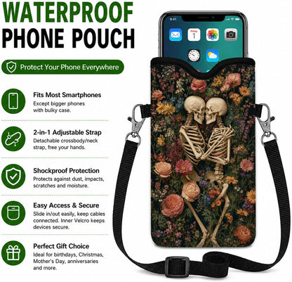 Neoprene Phone Sleeve Pouch Case Bag for Women Men with Crossbody Strap, 7.1x3.9 in, Shockproof Black Cat Mobile Protection Case Bag with Neck Lanyard, Black Cat Garden, Gift for Cats Lovers - Colors A