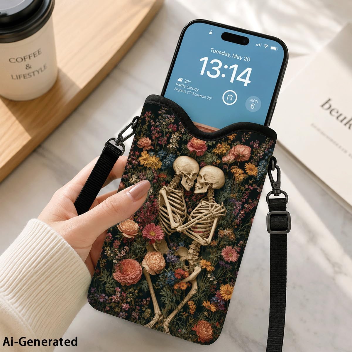 Neoprene Phone Sleeve Pouch Case Bag for Women Men with Crossbody Strap, 7.1x3.9 in, Shockproof Black Cat Mobile Protection Case Bag with Neck Lanyard, Black Cat Garden, Gift for Cats Lovers - Colors A