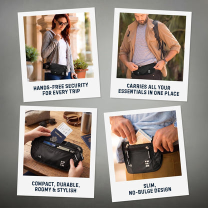 Money Belt for Secure Travel - RFID Blocking Slim Passport Holder - Hidden Waist Pouch for Cash, Credit Cards, Documents - Concealable Under Clothes, Water-Resistant Slim Fanny Pack for Men and Women