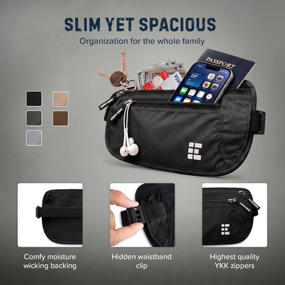 Money Belt for Secure Travel - RFID Blocking Slim Passport Holder - Hidden Waist Pouch for Cash, Credit Cards, Documents - Concealable Under Clothes, Water-Resistant Slim Fanny Pack for Men and Women