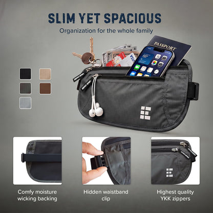 Money Belt for Secure Travel - RFID Blocking Slim Passport Holder - Hidden Waist Pouch for Cash, Credit Cards, Documents - Concealable Under Clothes, Water-Resistant Slim Fanny Pack for Men and Women