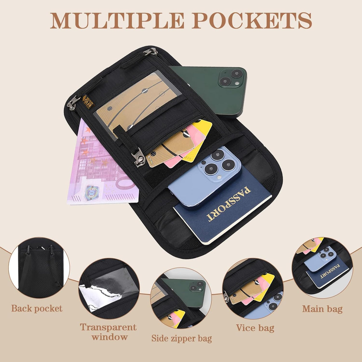 Passport Holder for Travel, Neck Pouch Travel Wallet With RFID Blocking, Waterproof Lightweight Passport Wallet for Women and Men (Dark Blue)
