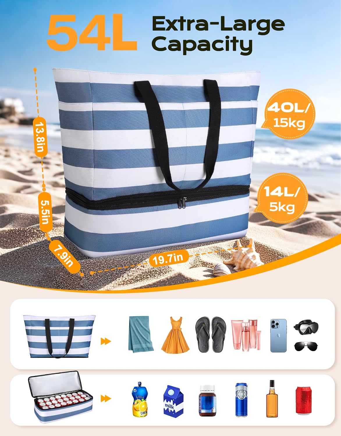 54L Large Beach Bag with Detachable Cooler, Waterproof Sandproof Beach Bags for Women, Duffle Bag for Diving/Swimming