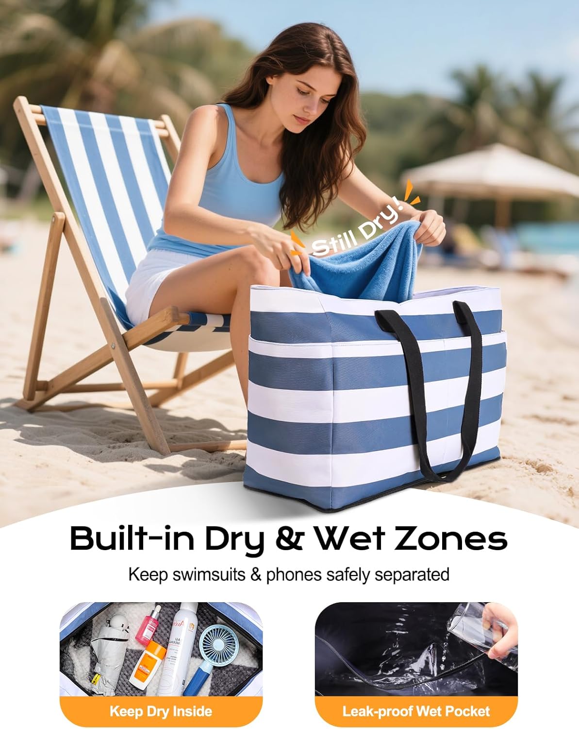 54L Large Beach Bag with Detachable Cooler, Waterproof Sandproof Beach Bags for Women, Duffle Bag for Diving/Swimming