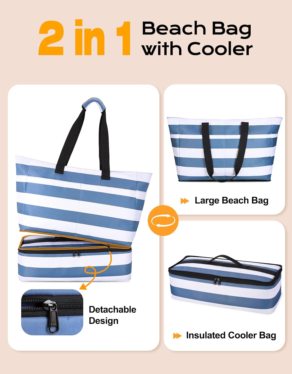 54L Large Beach Bag with Detachable Cooler, Waterproof Sandproof Beach Bags for Women, Duffle Bag for Diving/Swimming