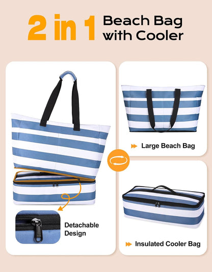 54L Large Beach Bag with Detachable Cooler, Waterproof Sandproof Beach Bags for Women, Duffle Bag for Diving/Swimming