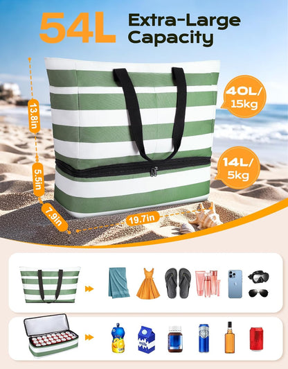54L Large Beach Bag with Detachable Cooler, Waterproof Sandproof Beach Bags for Women, Duffle Bag for Diving/Swimming