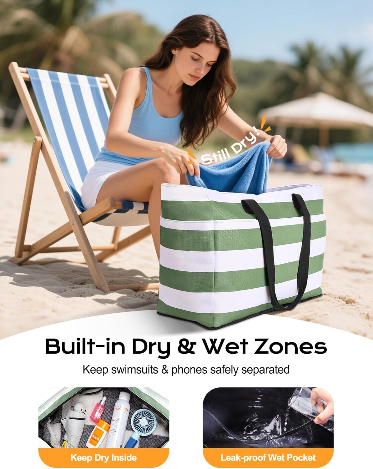 54L Large Beach Bag with Detachable Cooler, Waterproof Sandproof Beach Bags for Women, Duffle Bag for Diving/Swimming