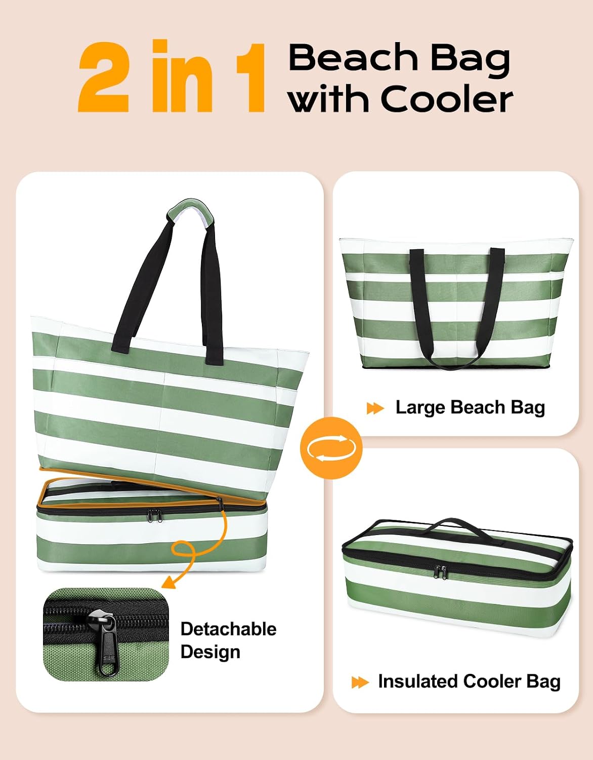 54L Large Beach Bag with Detachable Cooler, Waterproof Sandproof Beach Bags for Women, Duffle Bag for Diving/Swimming