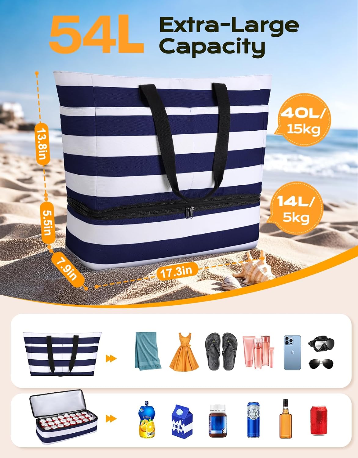 54L Large Beach Bag with Detachable Cooler, Waterproof Sandproof Beach Bags for Women, Duffle Bag for Diving/Swimming