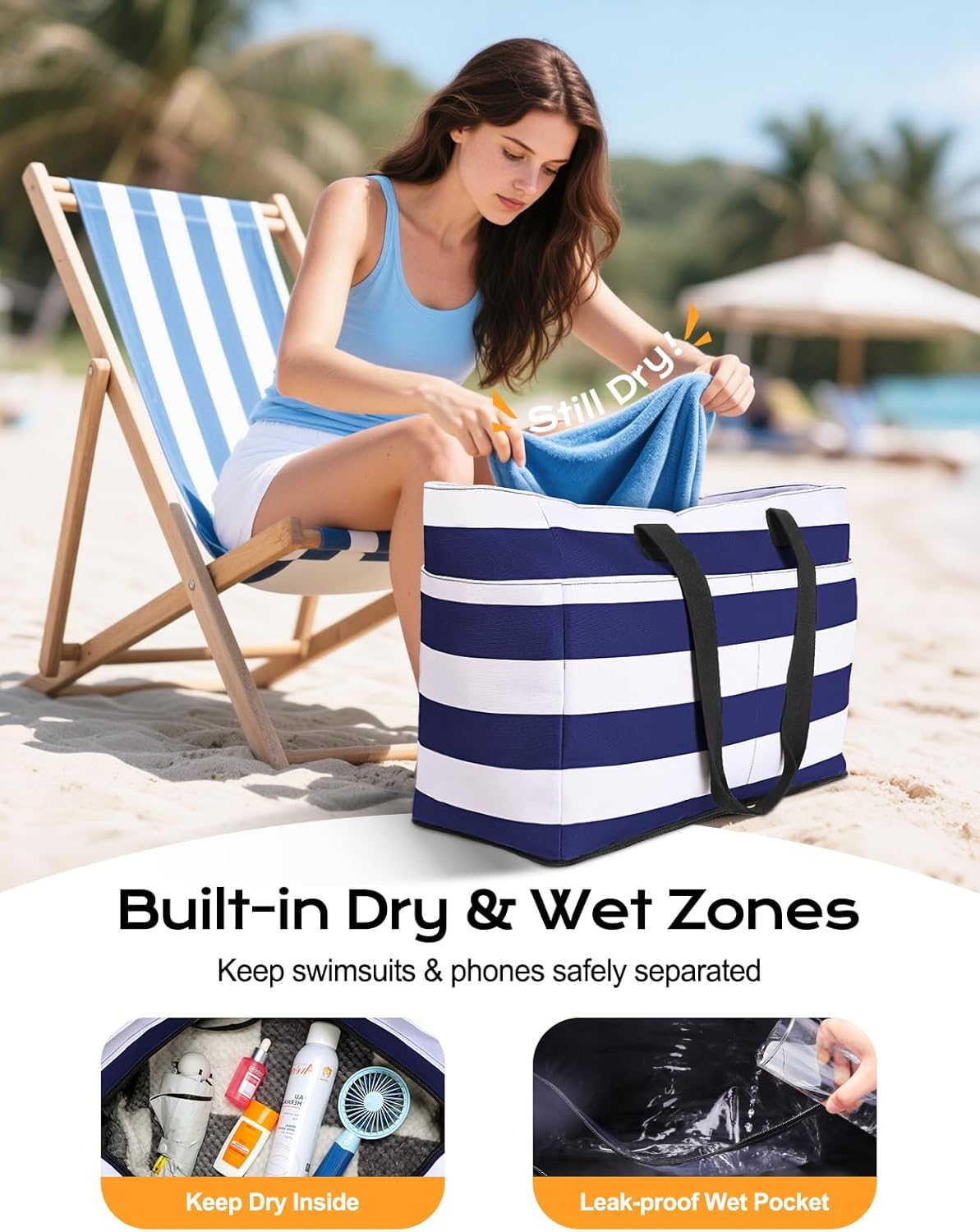 54L Large Beach Bag with Detachable Cooler, Waterproof Sandproof Beach Bags for Women, Duffle Bag for Diving/Swimming