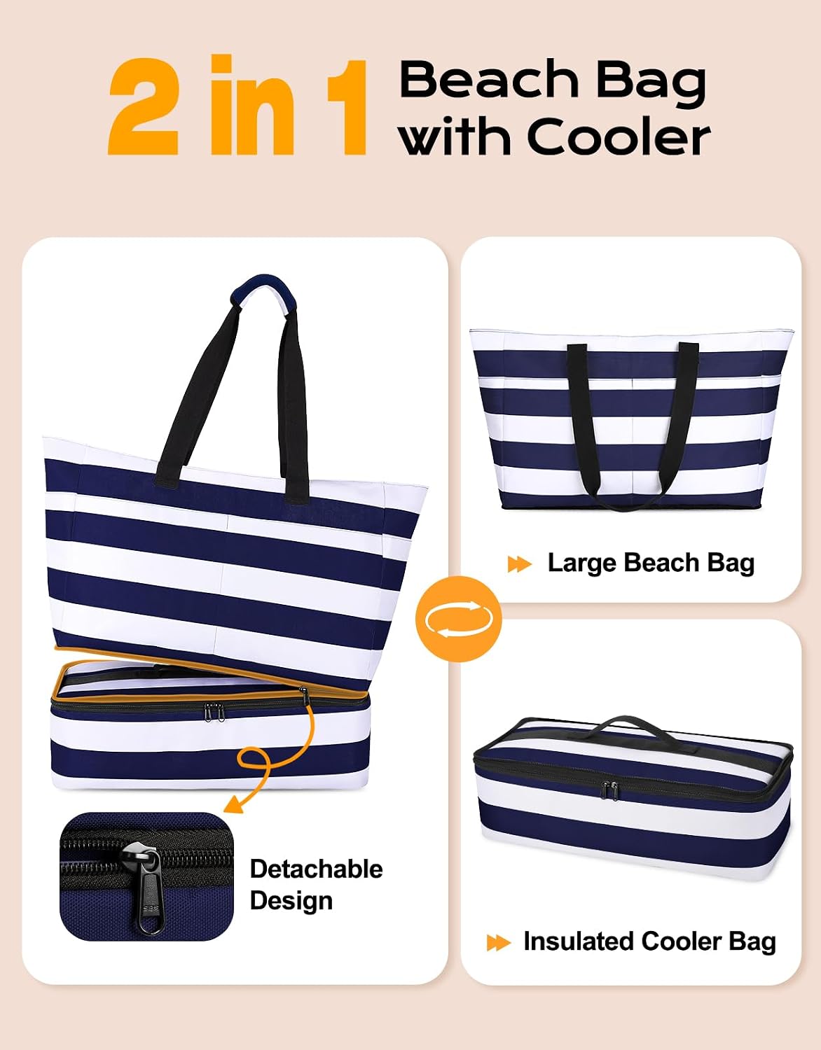 54L Large Beach Bag with Detachable Cooler, Waterproof Sandproof Beach Bags for Women, Duffle Bag for Diving/Swimming