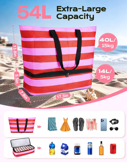 54L Large Beach Bag with Detachable Cooler, Waterproof Sandproof Beach Bags for Women, Duffle Bag for Diving/Swimming