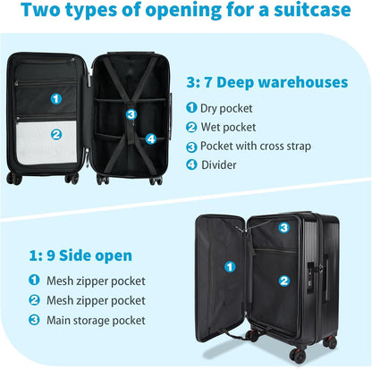 Carry on Luggage Airline Approved, Hardshell PC Carry on Suitcases with Wheels, Top and Middle Dual Openings Design Carry-on Luggage for Travel with TSA Lock and Multi-Handle