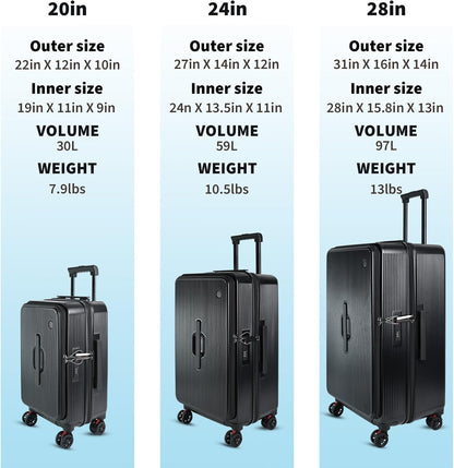 Carry on Luggage Airline Approved, Hardshell PC Carry on Suitcases with Wheels, Top and Middle Dual Openings Design Carry-on Luggage for Travel with TSA Lock and Multi-Handle
