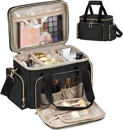 Large Makeup Bag, Portable Travel Makeup Bag Organizer for Women Girls with 2 Removable Pouches & Detachable Dividers, Cosmetic Travel Bag, Toiletry Bag for Makeup and Hair Supplies Black