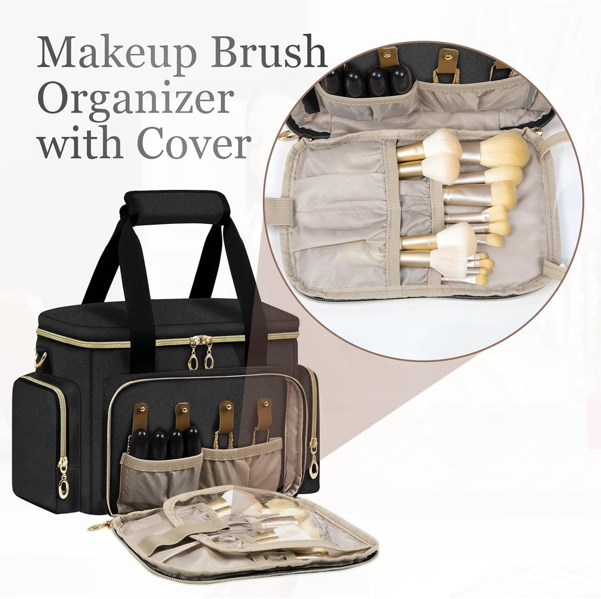 Large Makeup Bag, Portable Travel Makeup Bag Organizer for Women Girls with 2 Removable Pouches & Detachable Dividers, Cosmetic Travel Bag, Toiletry Bag for Makeup and Hair Supplies Black
