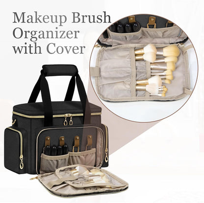 Large Makeup Bag, Portable Travel Makeup Bag Organizer for Women Girls with 2 Removable Pouches & Detachable Dividers, Cosmetic Travel Bag, Toiletry Bag for Makeup and Hair Supplies Black