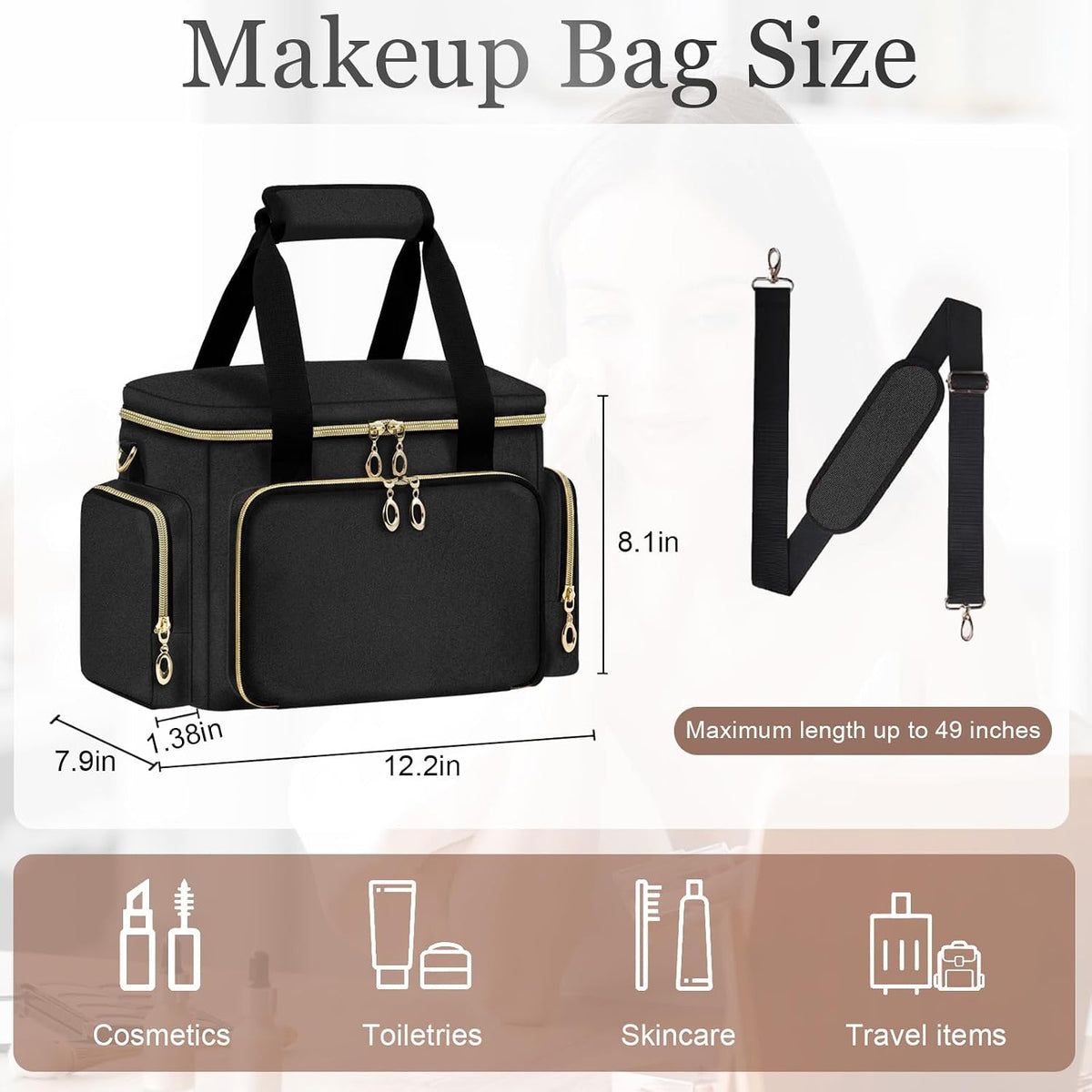 Large Makeup Bag, Portable Travel Makeup Bag Organizer for Women Girls with 2 Removable Pouches & Detachable Dividers, Cosmetic Travel Bag, Toiletry Bag for Makeup and Hair Supplies Black