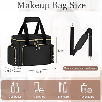 Large Makeup Bag, Portable Travel Makeup Bag Organizer for Women Girls with 2 Removable Pouches & Detachable Dividers, Cosmetic Travel Bag, Toiletry Bag for Makeup and Hair Supplies Black