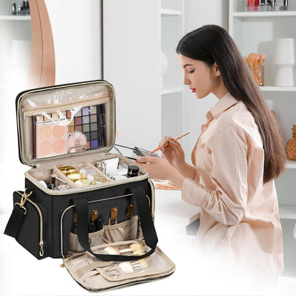 Large Makeup Bag, Portable Travel Makeup Bag Organizer for Women Girls with 2 Removable Pouches & Detachable Dividers, Cosmetic Travel Bag, Toiletry Bag for Makeup and Hair Supplies Black