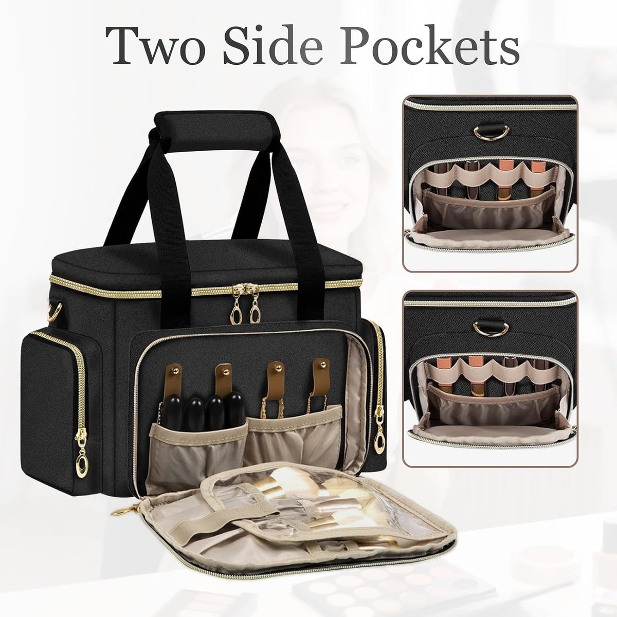 Large Makeup Bag, Portable Travel Makeup Bag Organizer for Women Girls with 2 Removable Pouches & Detachable Dividers, Cosmetic Travel Bag, Toiletry Bag for Makeup and Hair Supplies Black