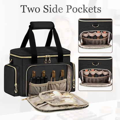 Large Makeup Bag, Portable Travel Makeup Bag Organizer for Women Girls with 2 Removable Pouches & Detachable Dividers, Cosmetic Travel Bag, Toiletry Bag for Makeup and Hair Supplies Black