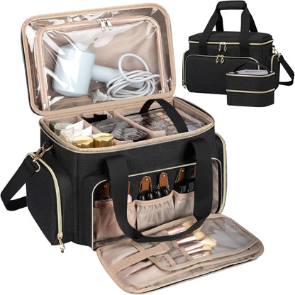 Large Makeup Bag, Portable Travel Makeup Bag Organizer for Women Girls with 2 Removable Pouches & Detachable Dividers, Cosmetic Travel Bag, Toiletry Bag for Makeup and Hair Supplies Black